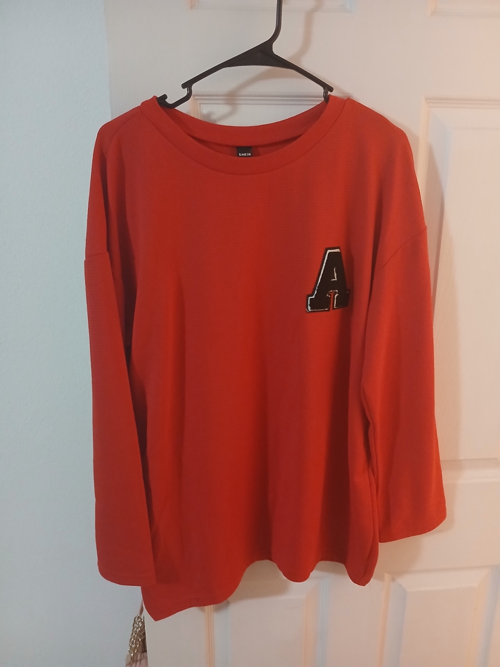SHEIN Red Long-Sleeve Tee with Black 'A' Patch